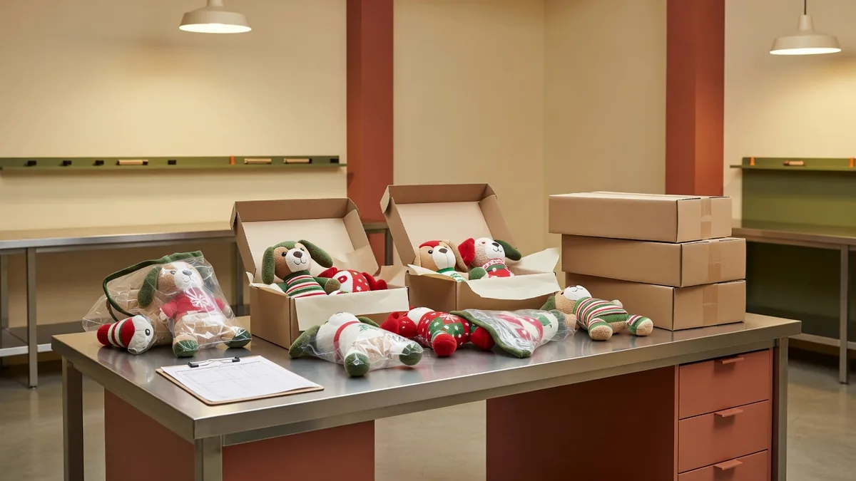 Fabrieks-QC- en pack-outtafel voor bulk hondenspeelgoed voor de feestdagen met cadeaudozen, AQL-checklist en seizoensassortiment