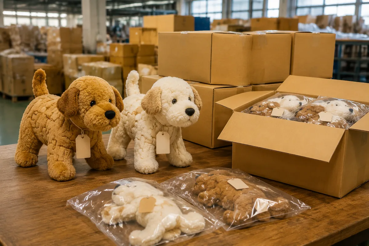 Private-label puzzelpluche hondenspeeltjes met hangtags en polybags klaargezet voor exportkartonverpakking op een fabriekstafel