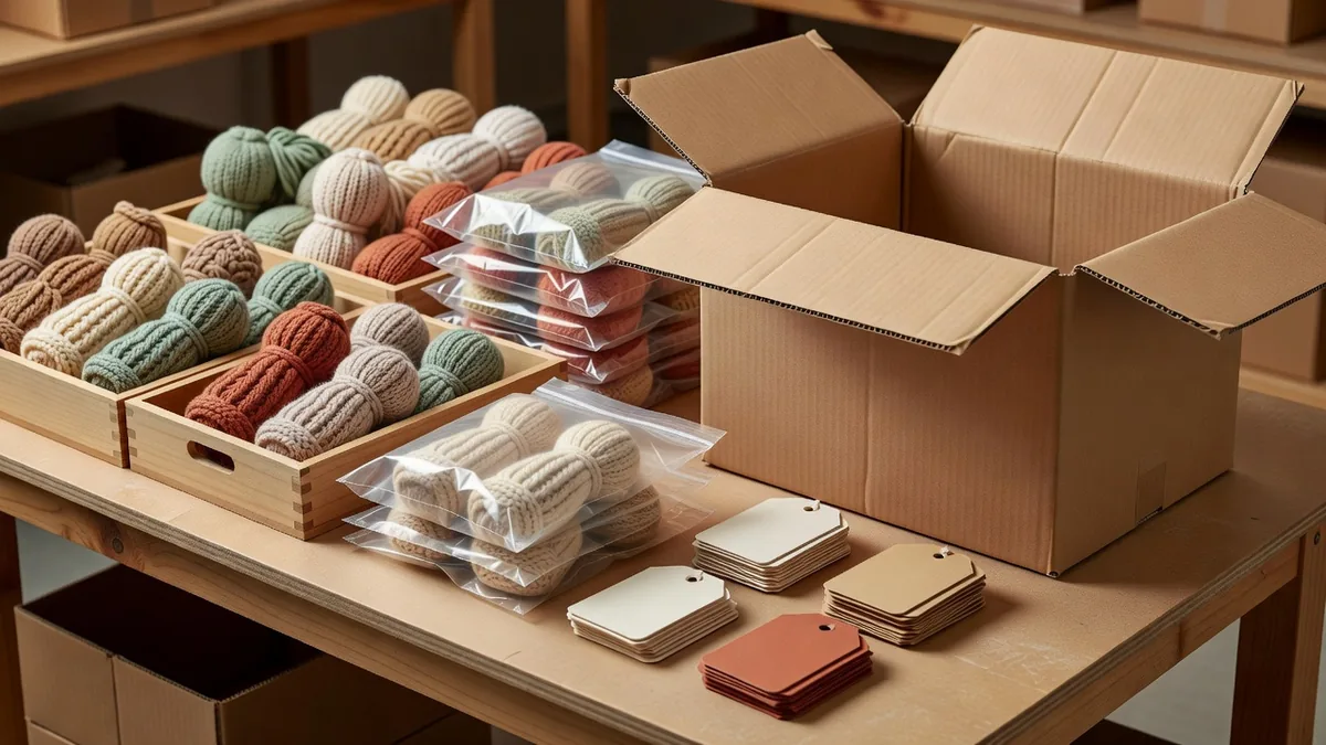 Groothandelverpakking van gebreide hondenspeeltjes met kleurstellingen, hangtags en masterdozen op een fabriekstafel