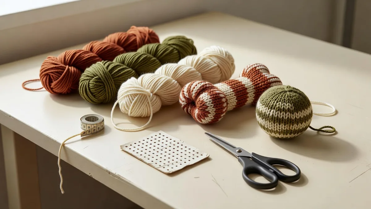 Groothandelassortiment gebreide hondenspeeltjes met garenbotten en ballen op een warm crèmekleurig monsterbureau