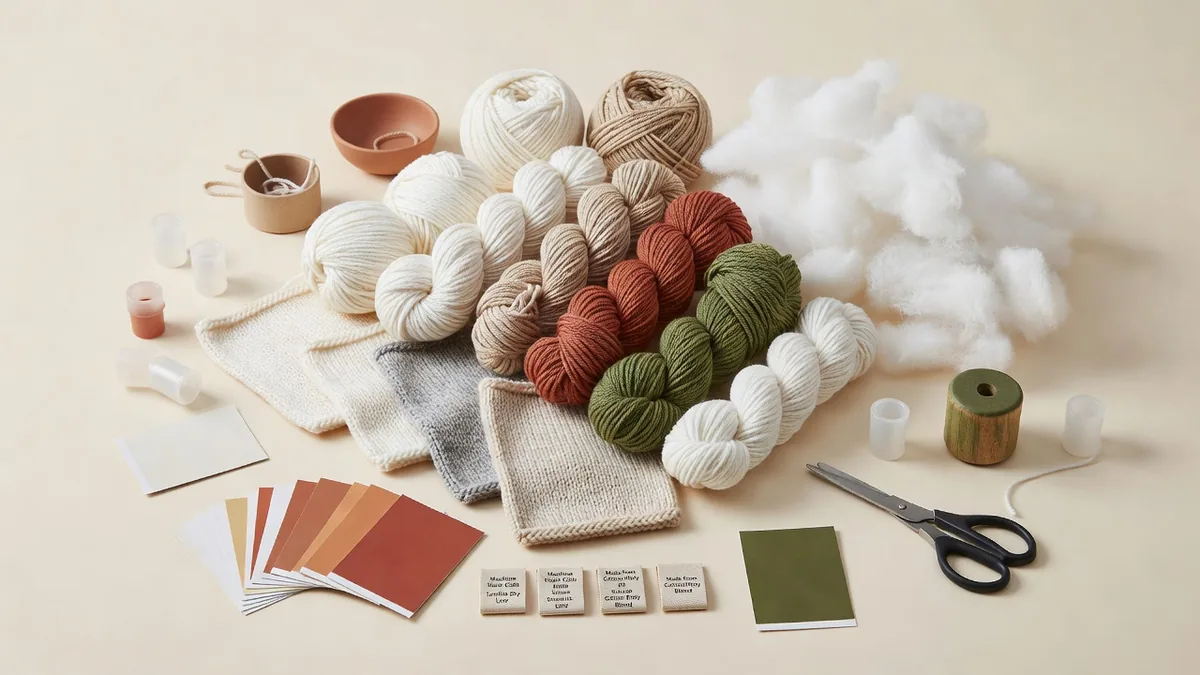 Garenskeins, breiswatches, fiberfill, plastic rietpiepers en kleurkaarten voor productie van gebreid piepend hondenspeelgoed