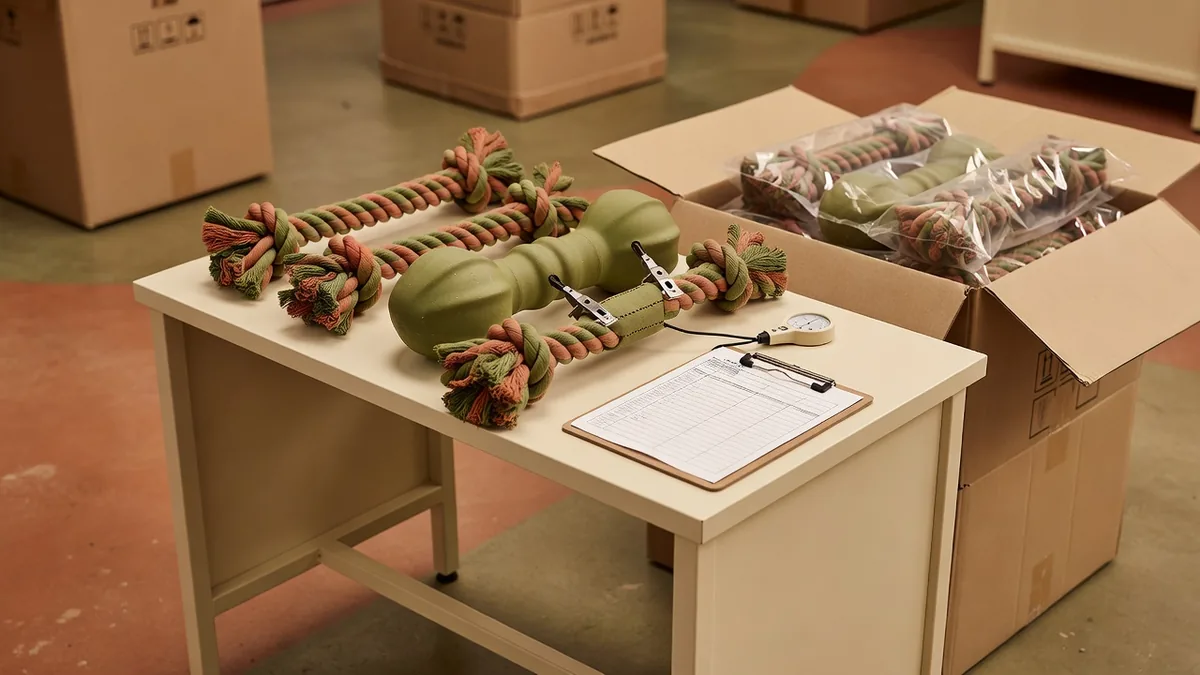 QC-bank met oversized rubber- en touwspeeltjes voor honden, naadtrektesten, open dozen en pack-out-inspectie voor grote hondenspeeltjes in bulk