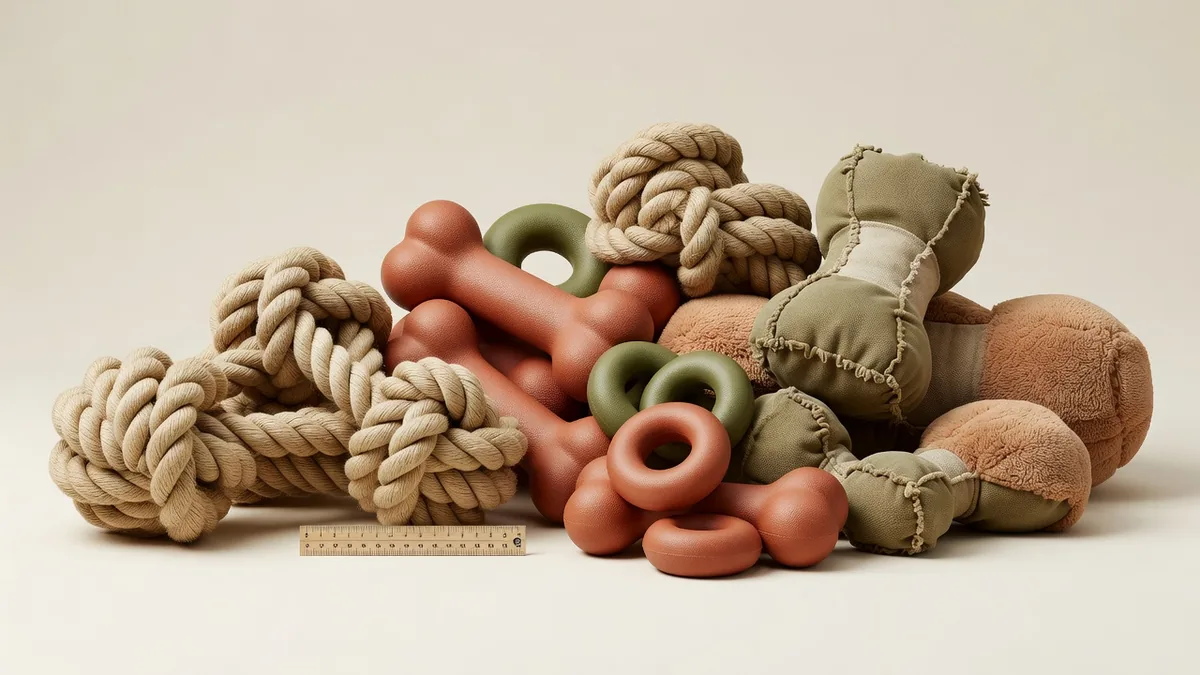 Assortiment touw-, rubber- en versterkte pluche-speeltjes voor grote rassen, uitgestald met een meetlint voor bulkmaatbanden