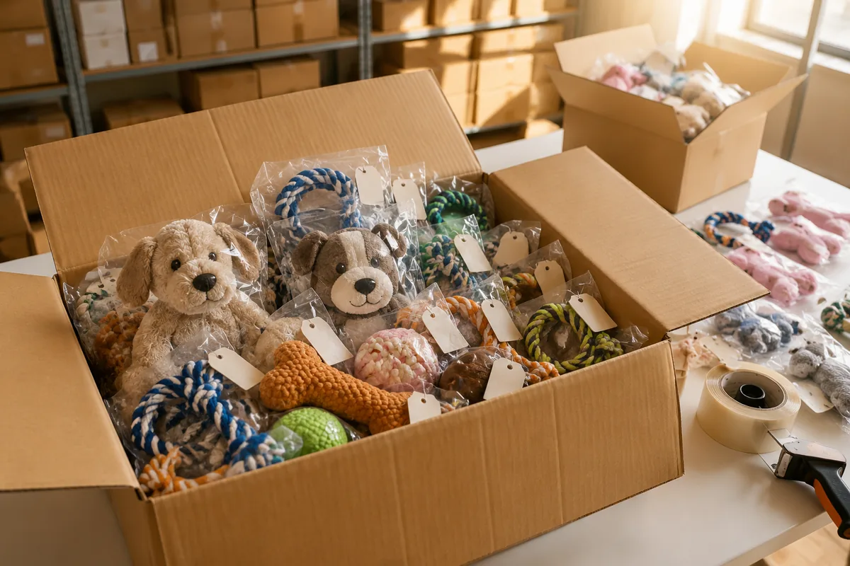 Open mastercarton met gemengde pluche hondenspeeltjes en touwkauwartikelen in polybags, klaar voor exportverpakking met lage MOQ