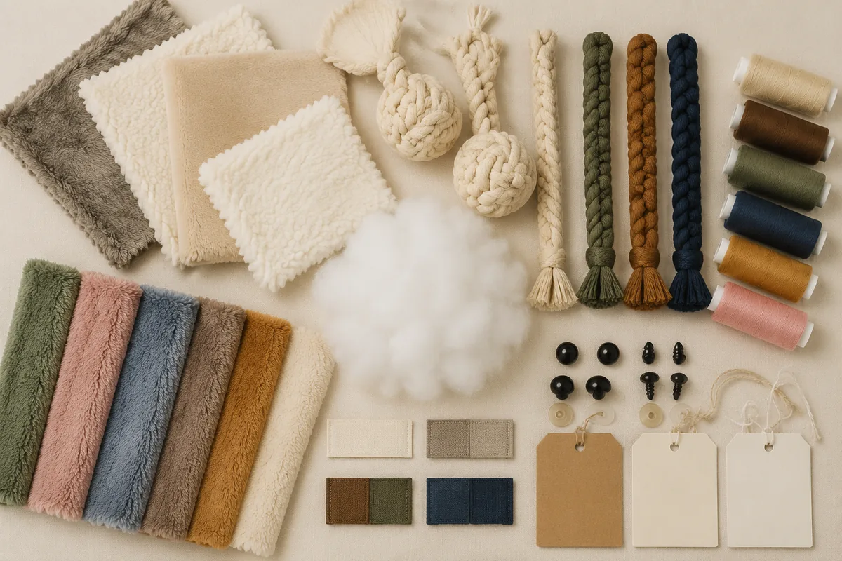 Pluchestof, fiberfill, monsters van gevlochten katoentouw, borduurgaren en hangtags uitgestald voor een RFQ bij een huisdierspeelgoedfabrikant met dubbele catalogus