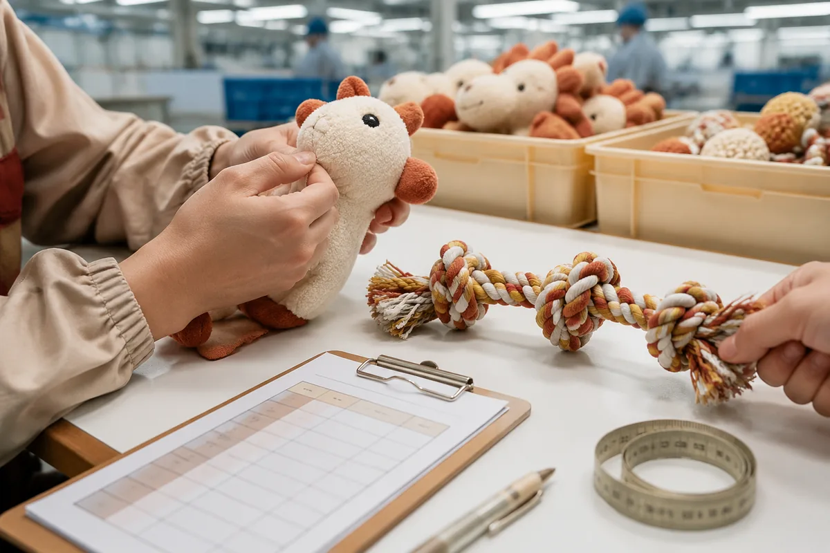 QC-inspectie van pluchenaden en een trektest van meerknooptouw op een fabriekstafel met meetgereedschap