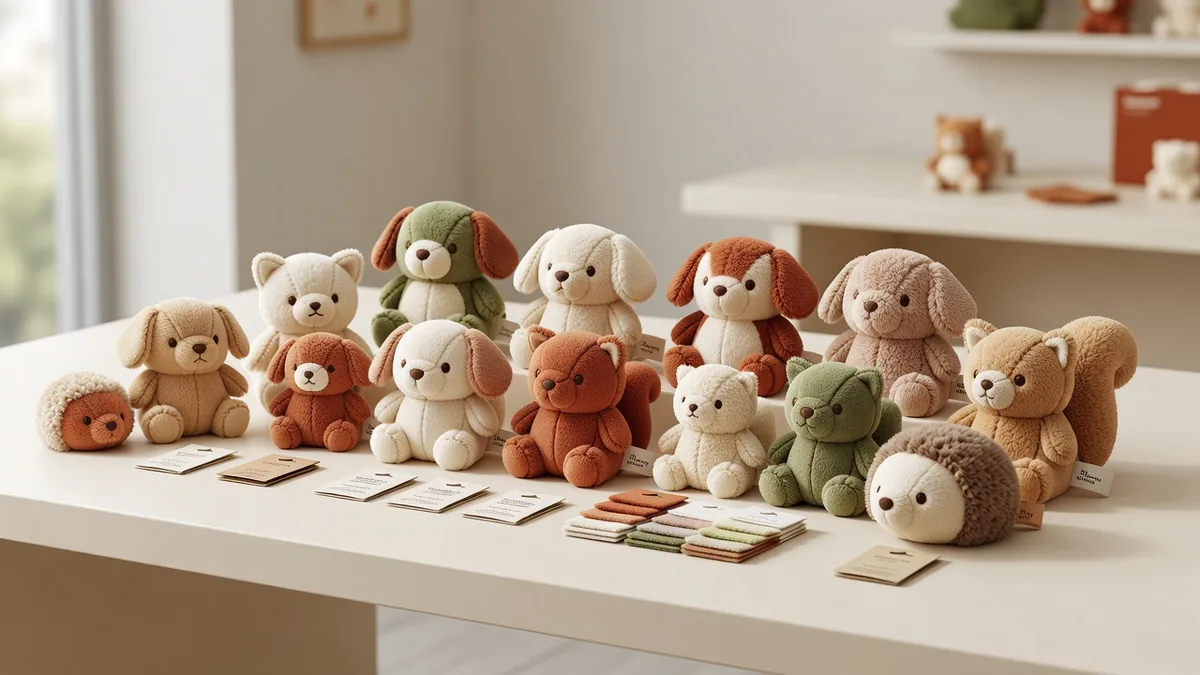 Assortiment mini pluche hondenspeelgoed op een warme crèmekleurige samplingtafel met geweven labels en hangtags voor bulk- en groothandelsinkopers