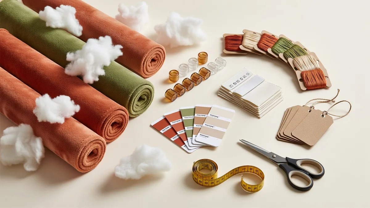 Materialenflatlay voor mini pluche honden in bulk: korte poolstof, fiberfill, piepers, geweven labels, hangtags en kleurkaarten