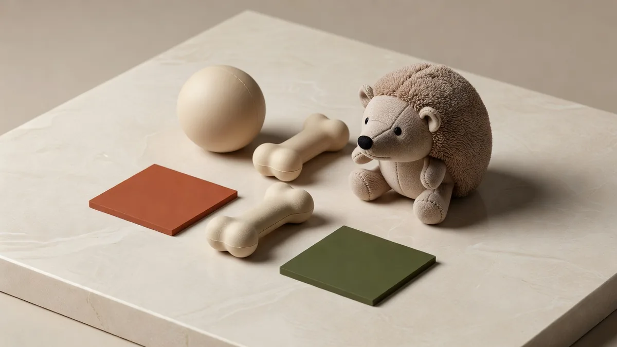 TPR-ballen en een egel van katoen en nature rubber op een bemonsteringstafel voor een OEM-materiaalbriefing