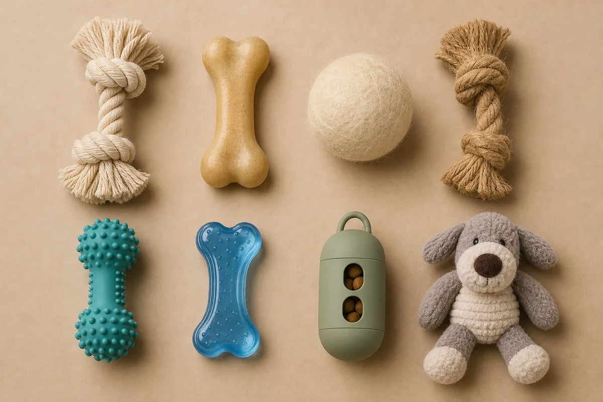 Visuele beslismatrix: natuurlijke materialen (katoentouw, natuurrubber, wolvilt, jute) versus synthetische materialen (TPR, TPU, silicone, polyesterpluche) naast elkaar