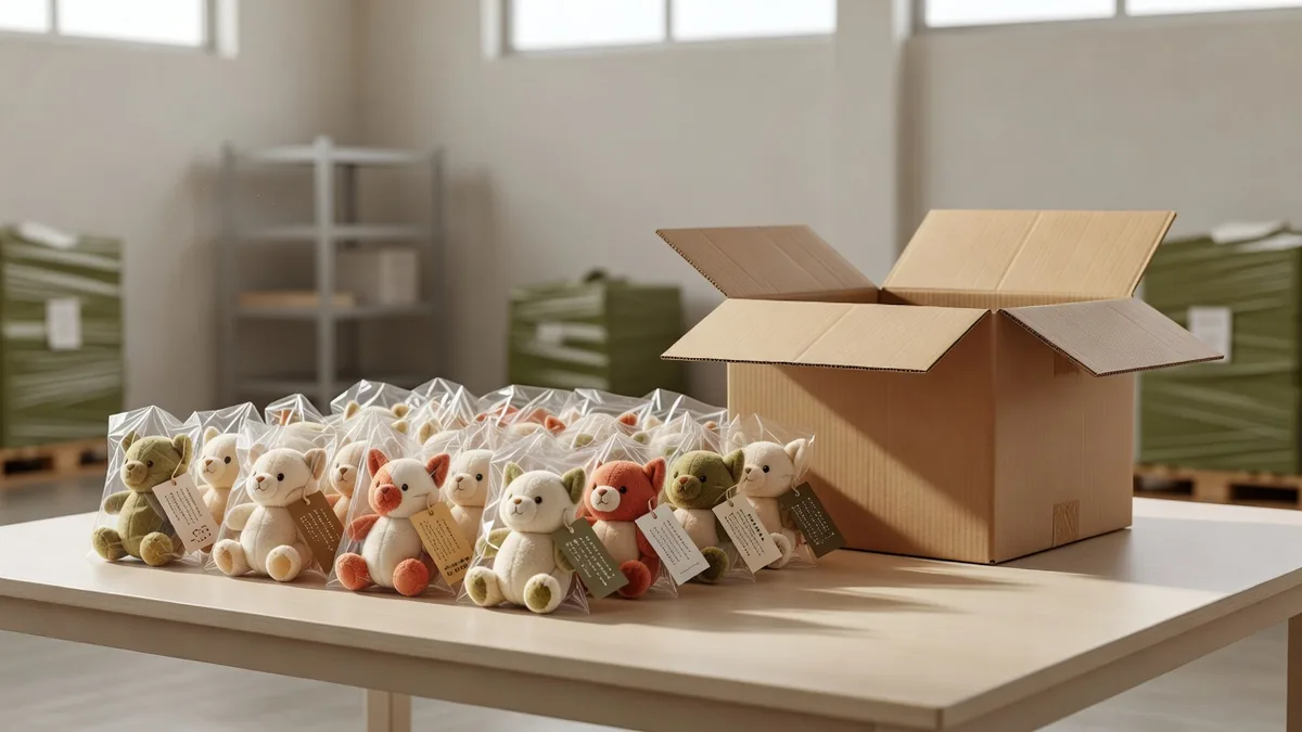 Pluche huisdierspeelgoed in polybags met hangtags naast een open master carton voor exportverpakking bij een leverancier