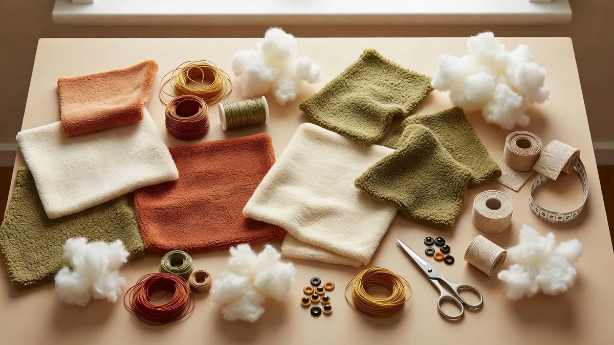 Flatlay van materialen van een leverancier van pluche huisdierspeelgoed met kortpolige stof, sherpa, fiberfill, borduurgaren, locking eyes en geweven labels op een warme samplingtafel