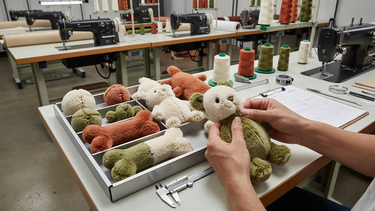 Kwaliteitscontroleur controleert naadsterkte van een pluche huisdierspeelgoed in een naaiatelier van de leverancier met AQL-inspectietray