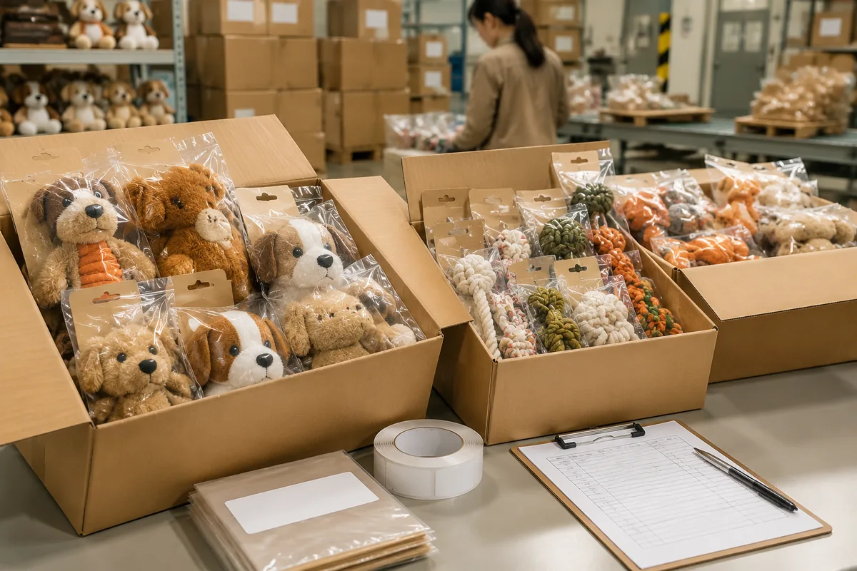 Export-doos pack-out van branded private-label huisdierspeelgoed met bedrukte polybags en barcodelabels voor groothandelsverzending