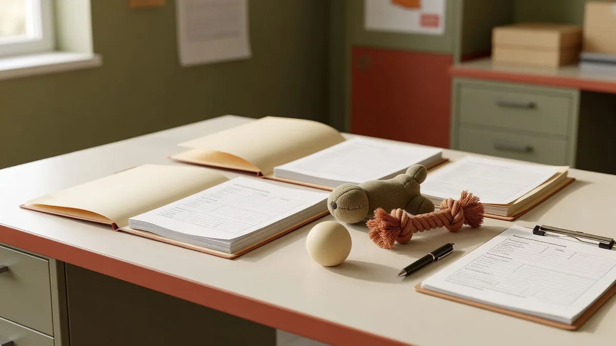 Mappen met labrapporten, monsterspeelgoed en een ondertekend tech pack, klaargelegd voor de review van certificering van huisdierspeelgoed