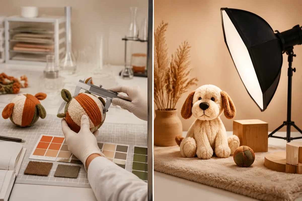Checklist naast elkaar: productiesample van huisdierspeelgoed versus listingfoto voor QC van een e-commercemerk