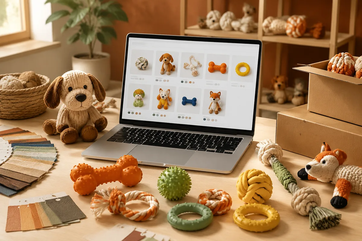 Samplingbureau voor huisdierspeelgoed van een e-commercemerk, met catalogus-SKU's, opstelling voor listingfoto's en FBA-cartonsamples