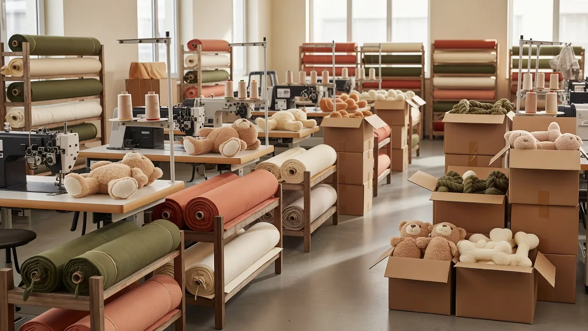 Productievloer voor huisdierspeelgoed met naailijnen, materiaalrekken en exportkartons