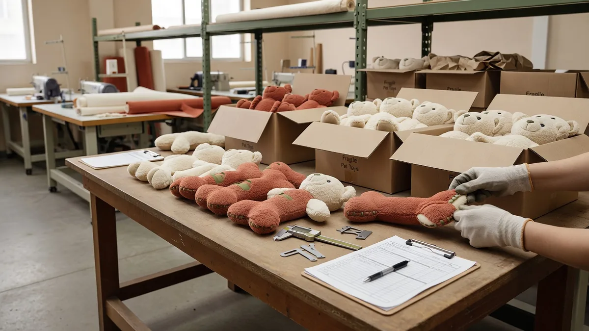 QC- en inpaktafel die pluche naden controleert vóór exportkartons in een fabriek voor huisdierspeelgoed