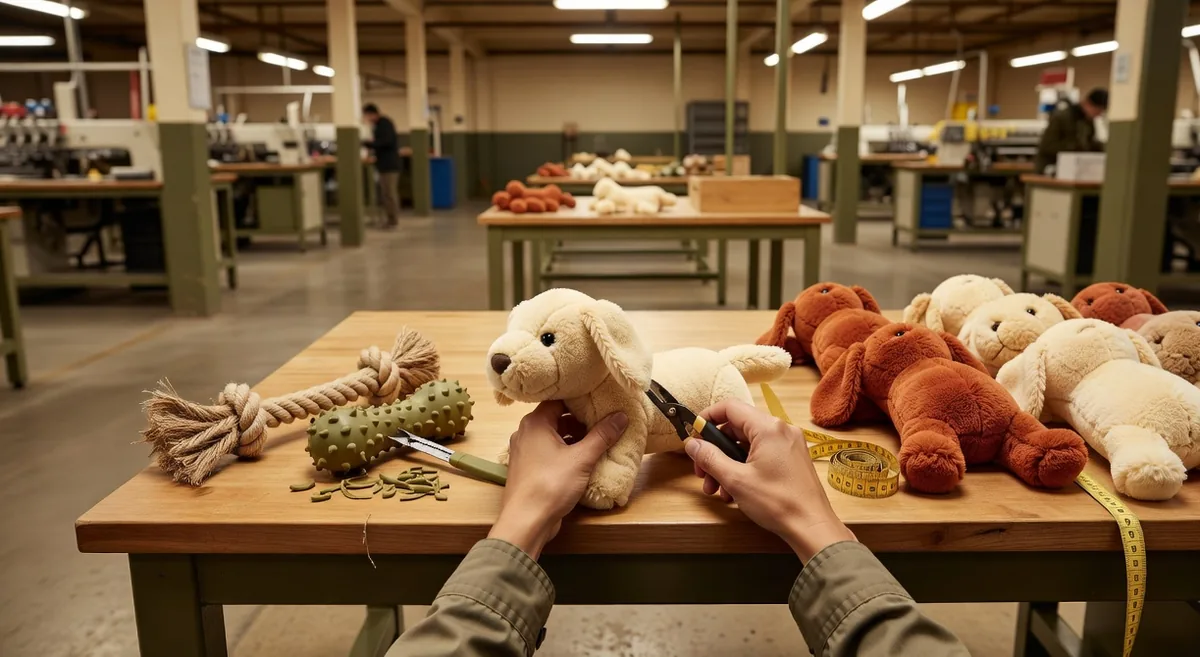 In-line QC-werkbank die pluche naden, touwverbindingen en gietbramen controleert voor kwaliteitscontrole van huisdierspeelgoed in China