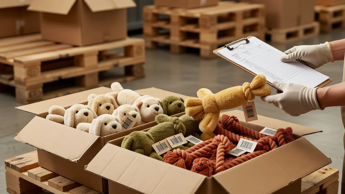 Controle van dozen vóór verzending waarbij bulk huisdierspeelgoed wordt vergeleken met het gouden monster voor kwaliteitscontroleprogramma’s in China