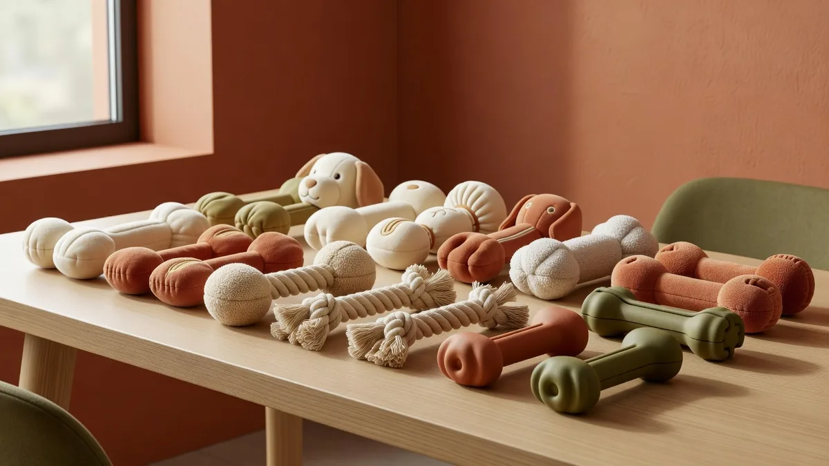 Samplingtafel voor groothandel huisdierspeelgoed China met pluche, touw en rubberen SKU’s klaar voor B2B-assortimentsbeoordeling