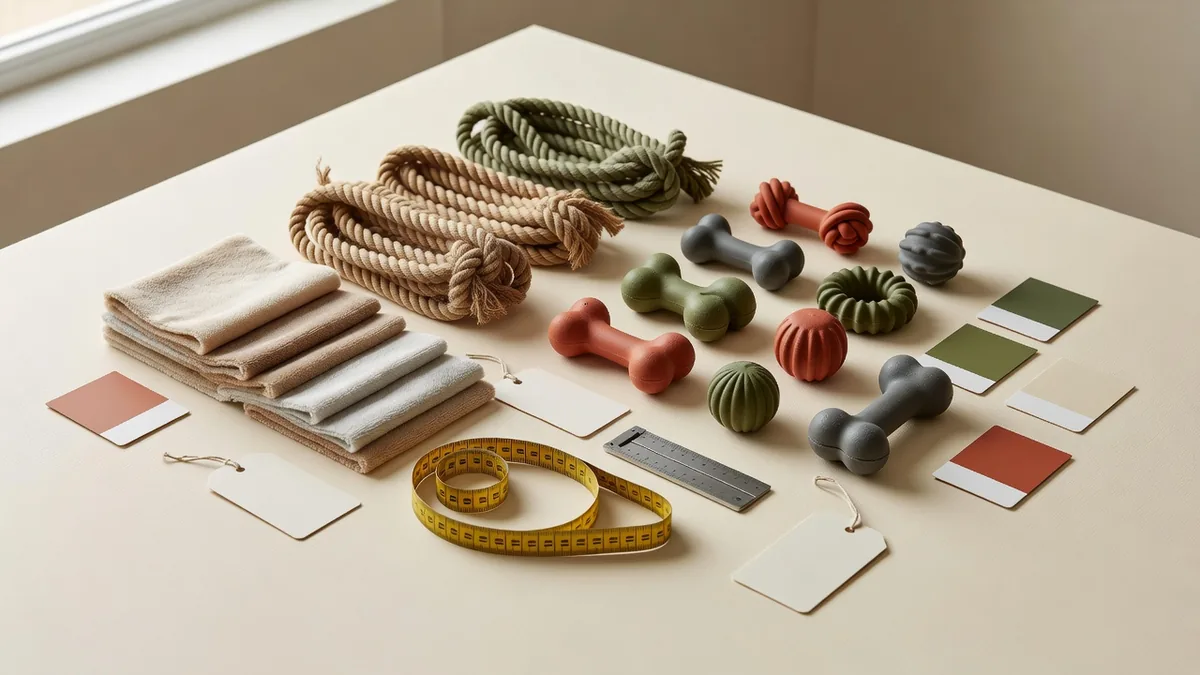 Materialen- en QC-flatlay voor groothandel huisdierspeelgoed China: pluche stof, touw, TPR-samples, hangtags en kleurkaarten