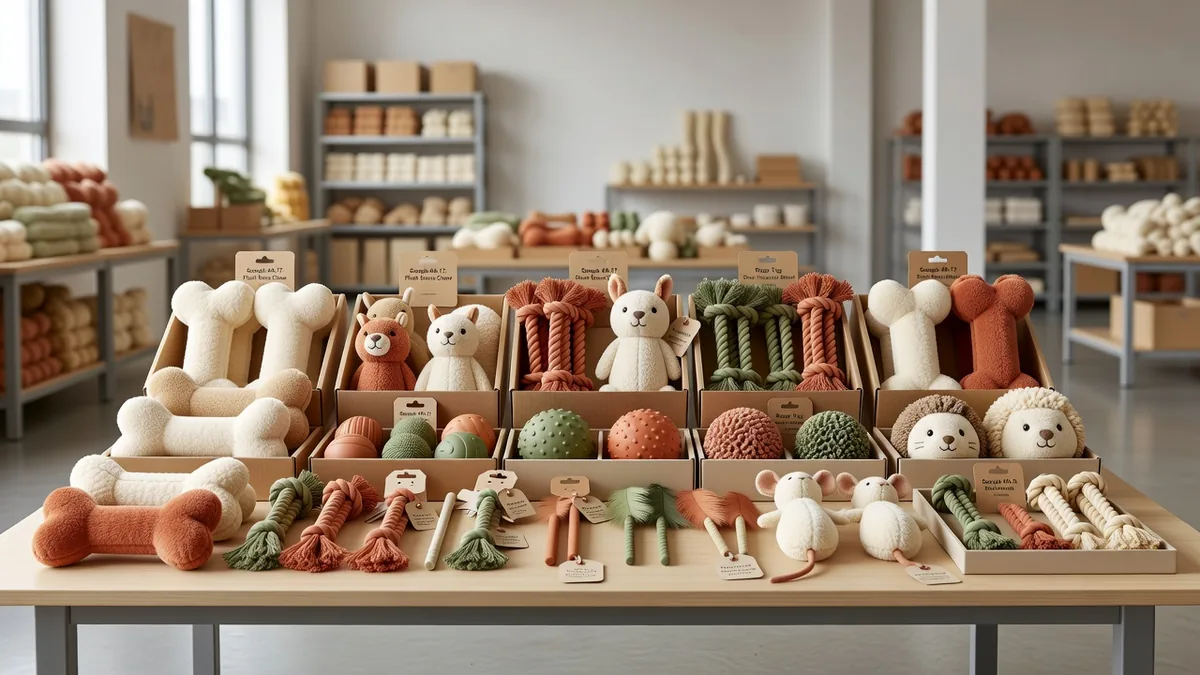 Assortiment huisdierspeelgoed op een B2B-samplingtafel voor groothandelsdistributeurs die pluche, touw en rubberen SKU’s beoordelen