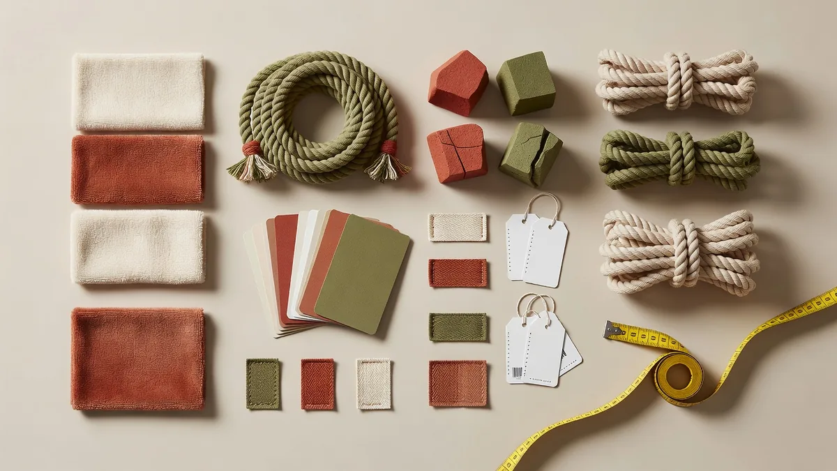 Materialenflatlay voor RFQ’s van groothandelsdistributeurs van huisdierspeelgoed: pluchestof, touw, TPR-samples, hangtags, kleurenkaarten