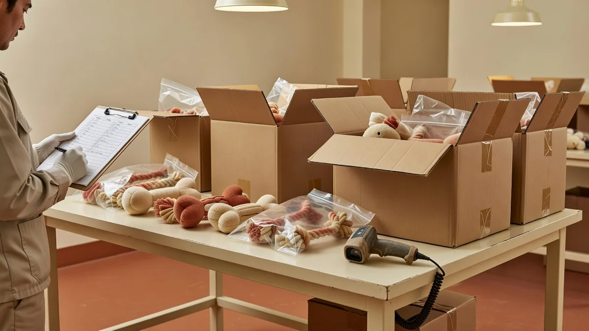 QC- en pack-outbank voor programma’s van groothandelsdistributeurs van huisdierspeelgoed met inspectiechecklist en mastercartons