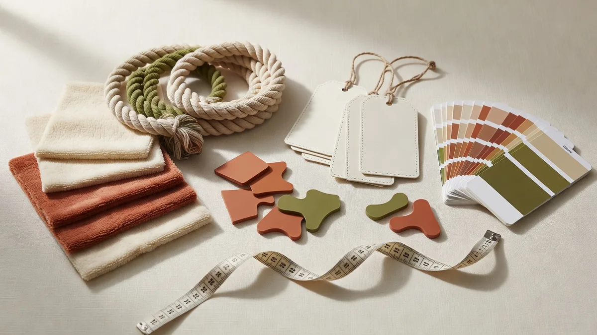Materialenflatlay voor een leverancier van huisdierspeelgoed: pluche stofstalen, touwmonsters, TPR-stukken, hangtags en kleurkaarten