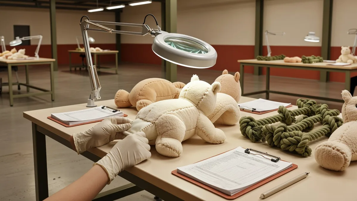 QC-tafel in de fabriek die pluche naden en touwverbindingen van huisdierspeelgoed inspecteert vóór verzending
