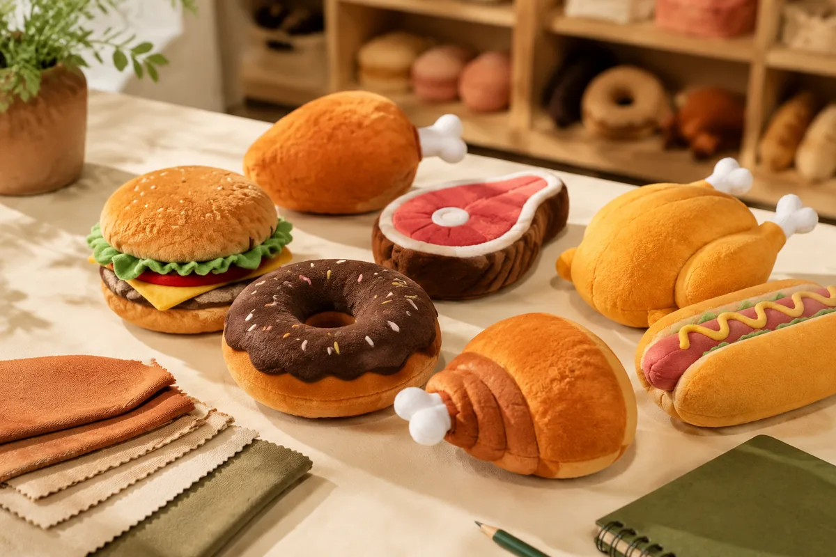 Assortiment pluche hondenspeeltjes in voedselvorm, waaronder donut, drumstick en burger, op een warm crèmekleurig bemonsteringsbureau voor groothandelsinkopers
