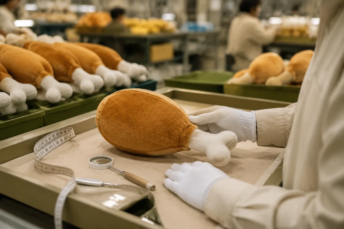 Kwaliteitscontroleur controleert de naadsterkte van een pluche hondenspeeltje in drumstickvorm in een naaiwerkplaats in een Chinese fabriek
