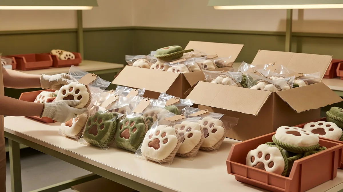 Export pack-out van pluche poot-touw-pantoffel hondenspeelgoed in polybags en mastercartons