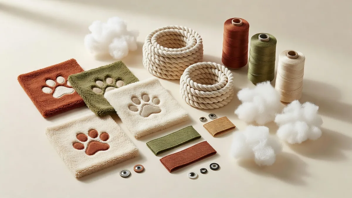 Stofstalen pluche, katoentouwrollen, fiberfill, geweven labels en borduurstalen voor productie van pootpantoffel hondenspeelgoed