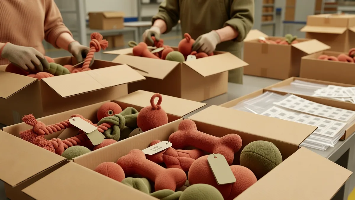 Export pack-out van hangtagged private label hondenspeelgoed in mastercartons voor een zending met lage MOQ