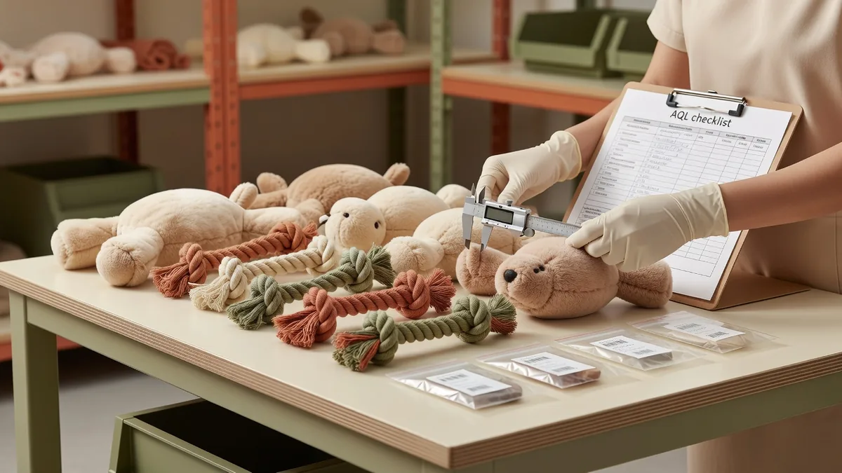 QC-tafel die pluche en touw hondenspeelgoed controleert voor een private label productierun met lage MOQ