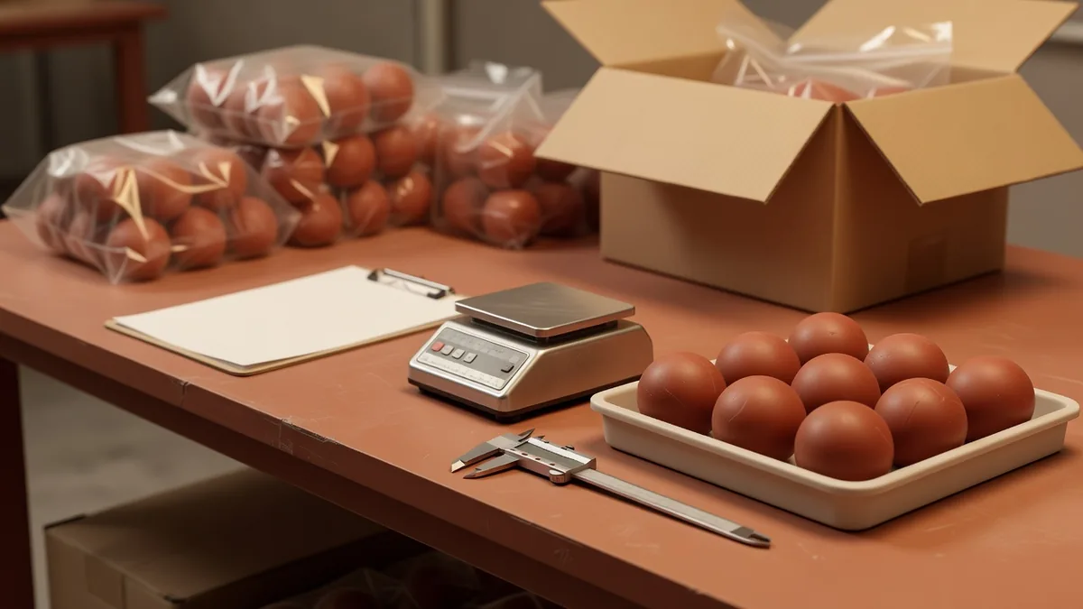 QC-tafel vóór verzending: wegen en inspecteren van rubberen hondenballen vóór groothandel-pack-out