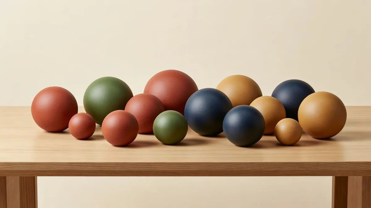 Assortiment rubberen hondenballen op een B2B-samplingtafel voor groothandelbeoordeling van maat en kleur