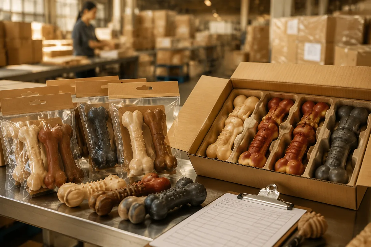 Rubberen hondenkauwspeeltjes in exportdozen met polybags, hangtags en QC-checklist bij pack-out