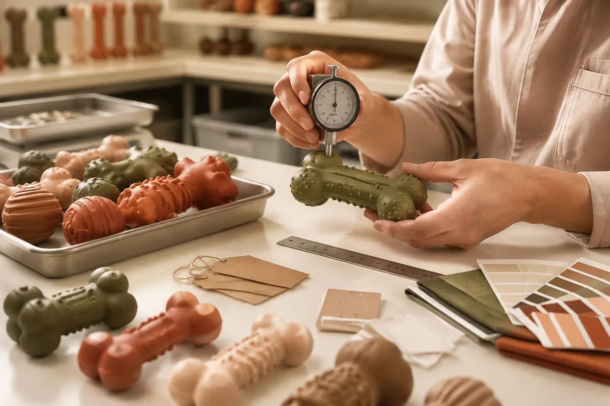 Samplingbank van een fabrikant van rubberen hondenspeelgoed met hardheidsmeter, kleurenchips en getekende pre-productiemonsters
