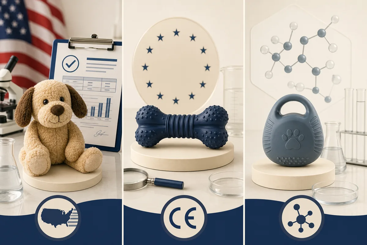 Visuele vergelijking van drie veiligheidsnormen: Amerikaanse CPSIA, Europese EN71 en Europese REACH — elk weergegeven met hun testcontext