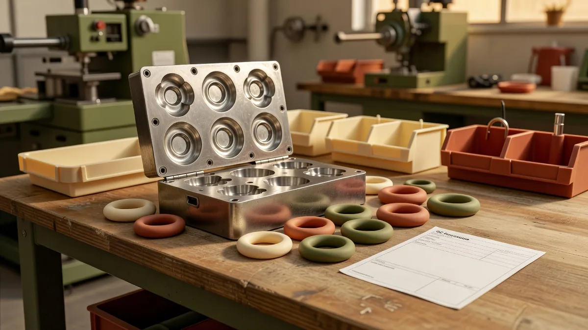 Matrijsgereedschap voor siliconen bijtspeeltjes voor honden en first-shot-monsters naast een QC-kaart van de groothandelsfabriek