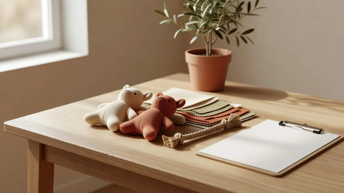 Samplingtafel met kleine pluche en touwhondenspeeltjes, stofstalen en een ondertekend maatspecificatieblad