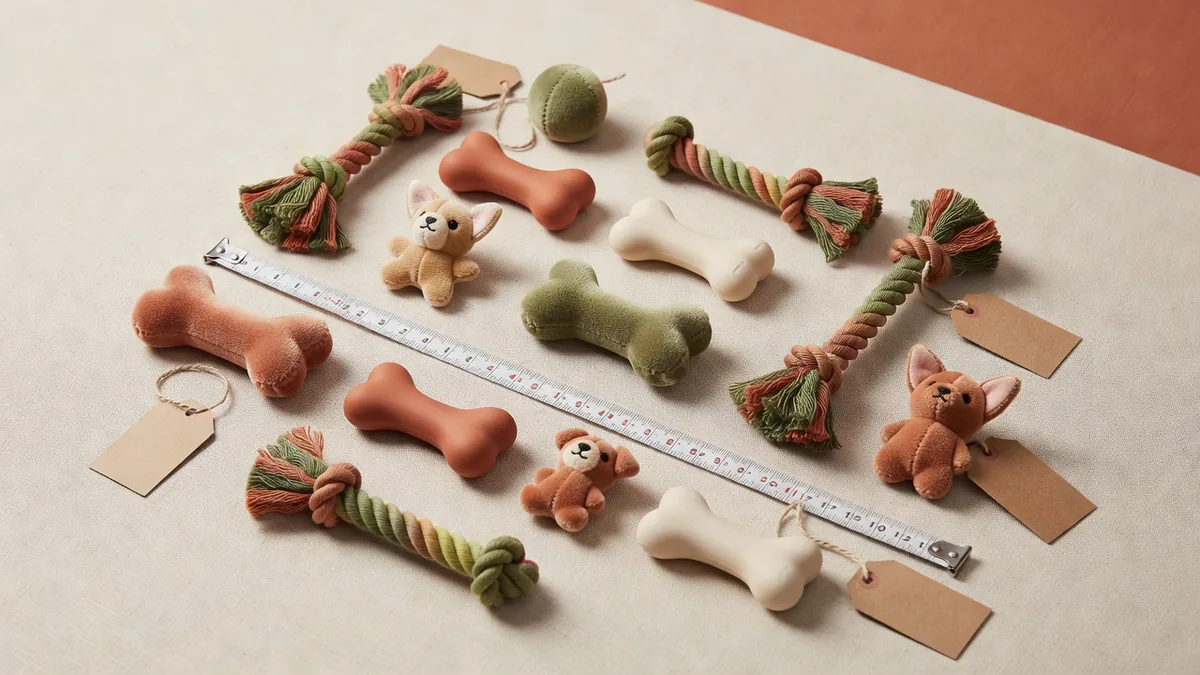 Assortiment pluche, touw en TPR-hondenspeelgoed in klein formaat, uitgestald met een meetlint voor bulkmaatbanden
