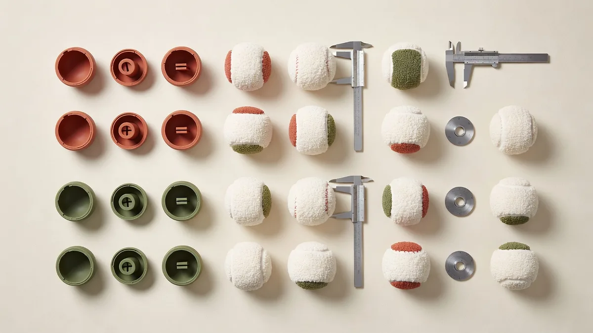 Flatlay van materialen voor squeaky balls met rubberen en TPR-schalen, stoffen tenniscovers, plastic rietpiepers en maatkalibers