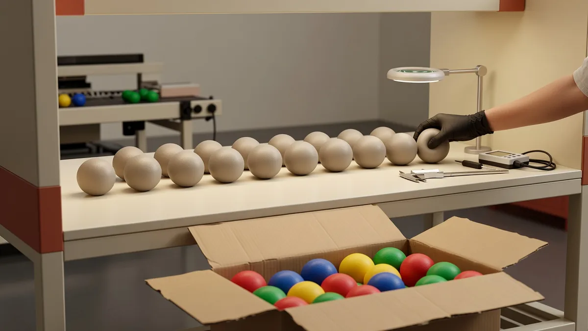 QC-bank voor bulk squeaky dog balls met pieptest, wandcontrole en carton pack-out
