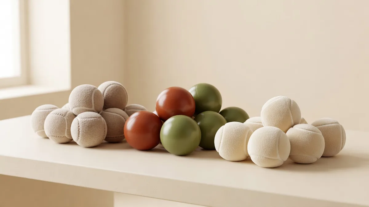 Assortiment squeaky balls voor honden op een warm crèmekleurig B2B-samplingbureau voor bulkbeoordeling van maat en kleur