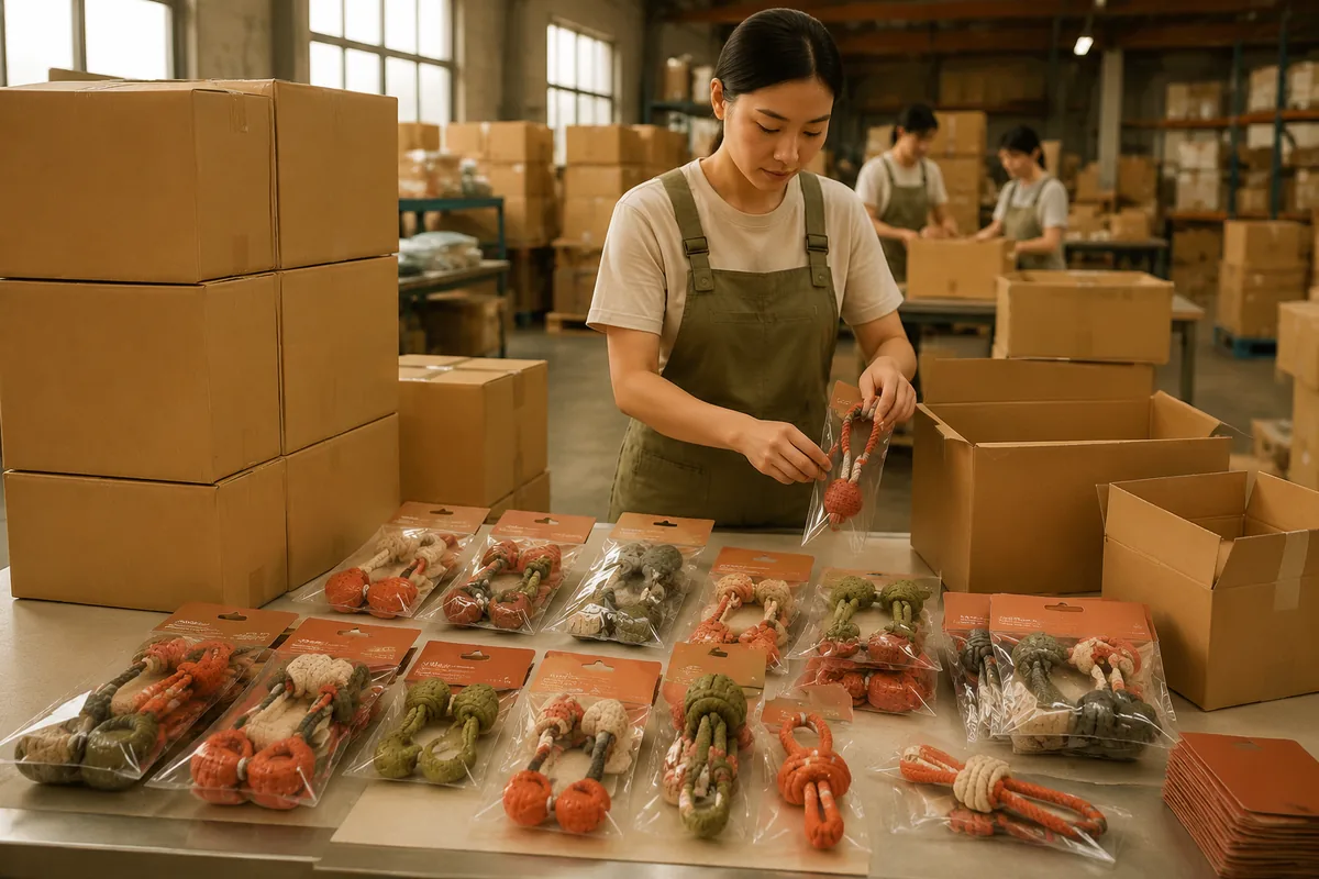 Export pack-out van hybride hondenspeeltjes van TPR en touw met polybags, hangtags en mastercartons op een inpaktabel